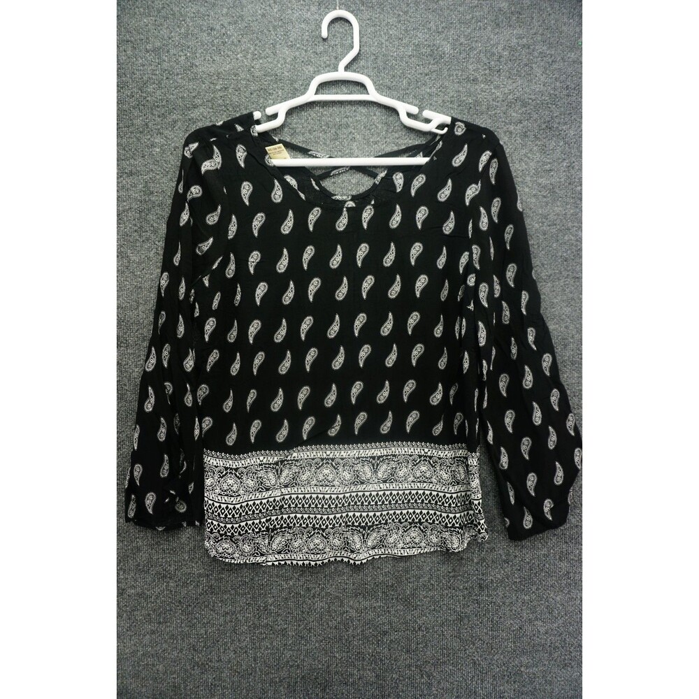 Faded Glory Paisley Blouse Womens XL 16-18 Black White Boho 3/4 Sleeve Rayon
